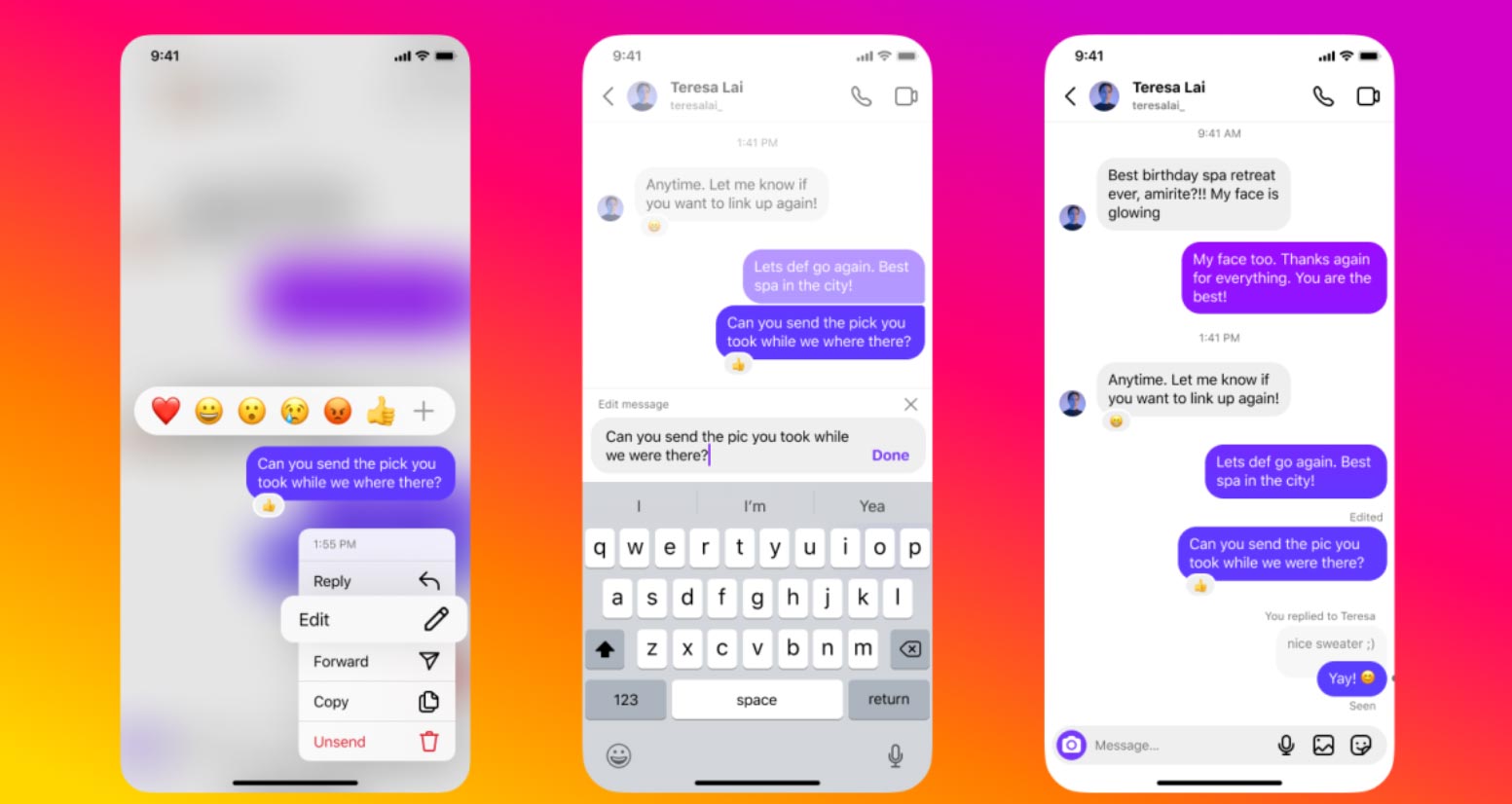 Instagram now lets users edit DMs up to 15 minutes after sending them, pin three messaging threads