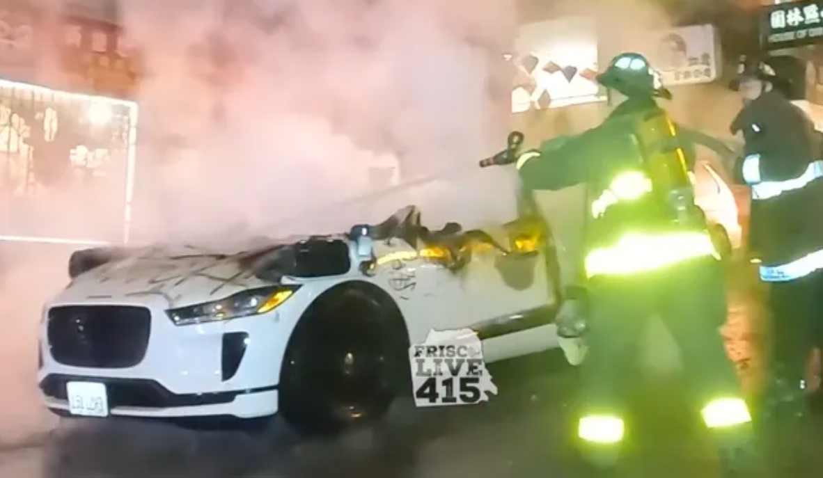 A crowd in San Francisco destroyed a Waymo car on February 11, 2024